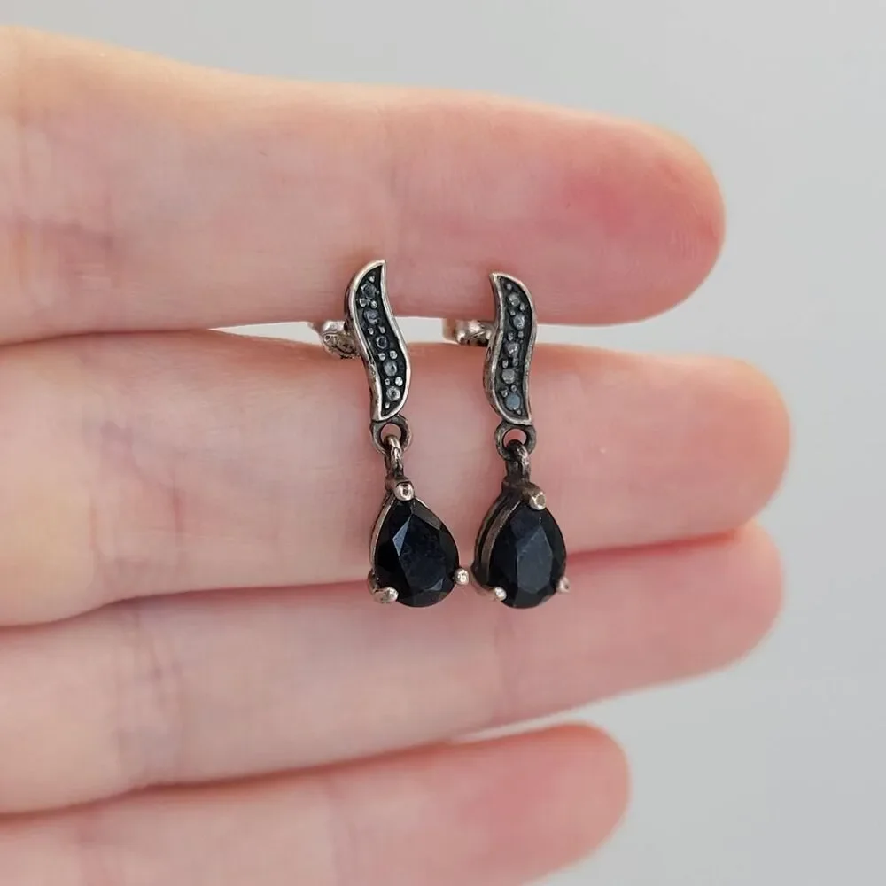 Vintage Avon RJ Black Onyx Stone and Marcasite 925 Sterling Silver Drop Earrings - Picture 2 of 6